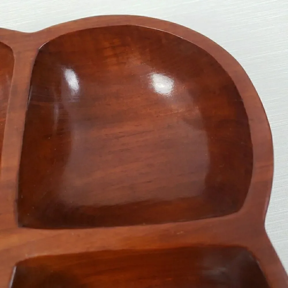 Carib Craft Lacquered Mahogany Divided Snack Nut Dish Serving Bowl VTG MCM